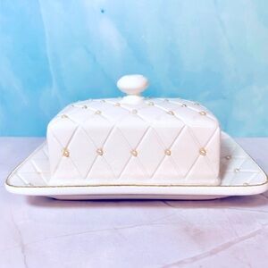 SOLD Butter Dish Featuring Etched Harlequin Diamond Pattern with Seed Pearls